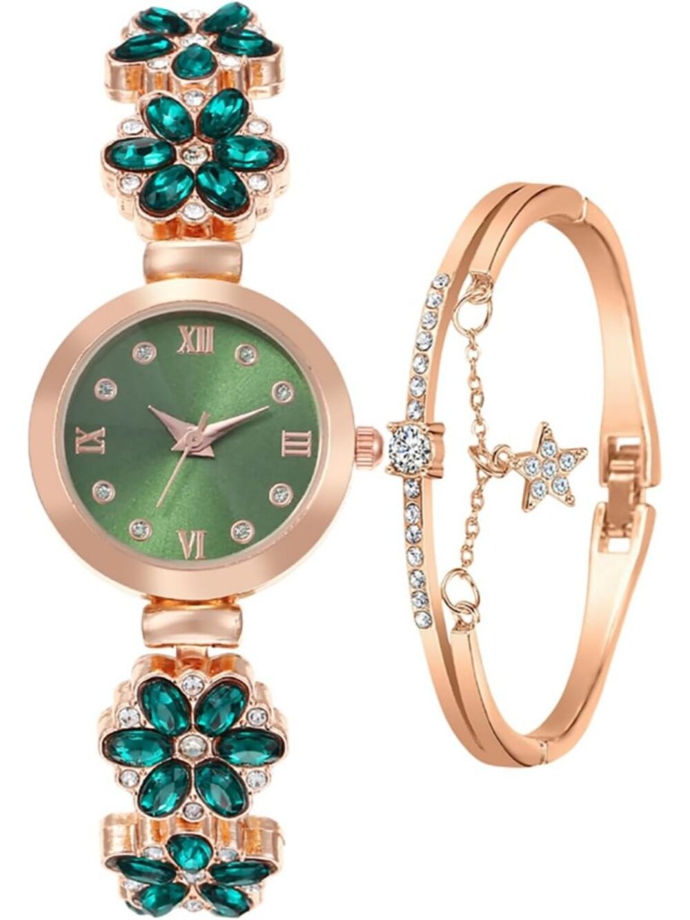 Women's Green Analog Quartz Bracelet Set Fashion Waterproof Flower Shaped Watch